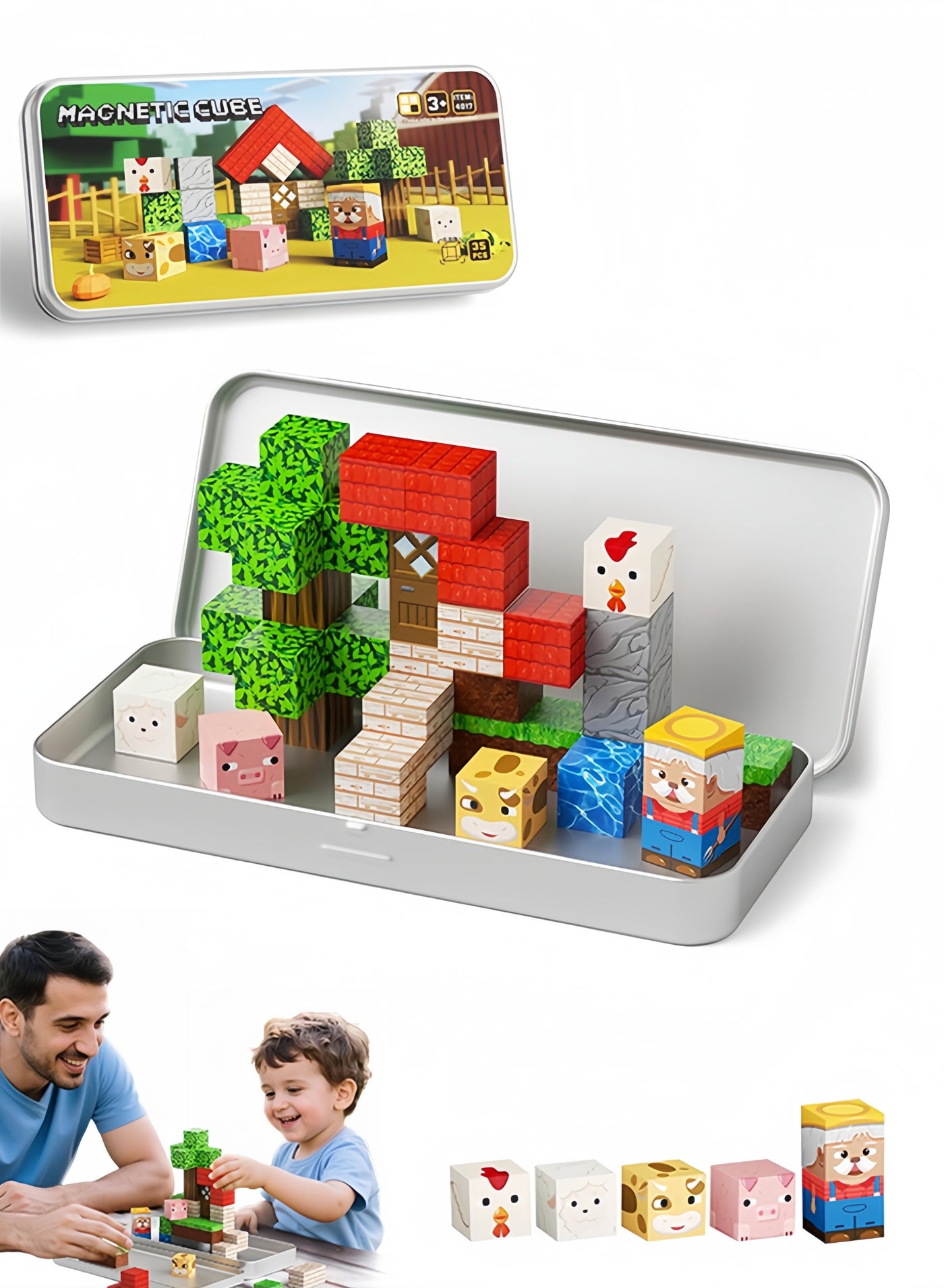 Mini Magnetic Blocks Farm Animals Travel Toys, 35PCS Portable Magnetic Building Cubes with Metal Storage Box for Kids Ages 4-8, Road Trip & Airplane Essentials